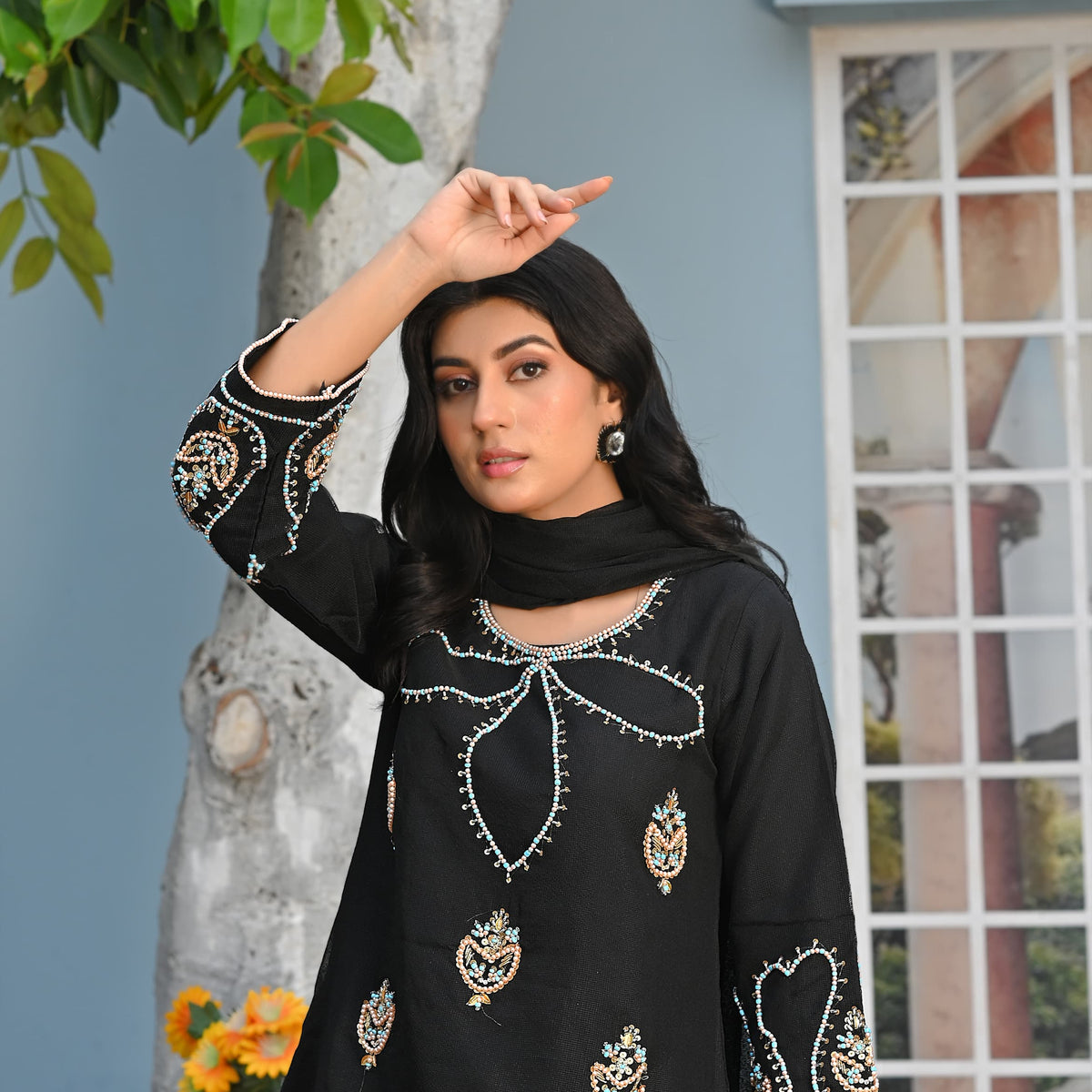 Rang-e-Falak Fancy 3PC Khaddi Net Handmade Black Colour