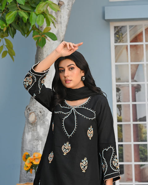 Rang-e-Falak Fancy 3PC Khaddi Net Handmade Black Colour