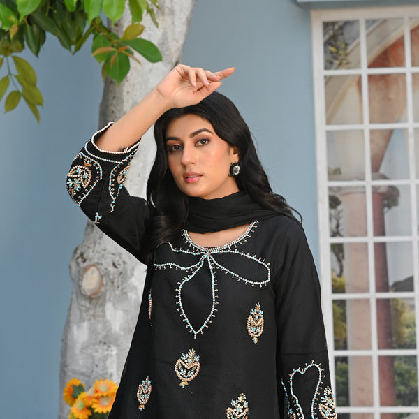 Rang-e-Falak Fancy 3PC Khaddi Net Handmade Black Colour
