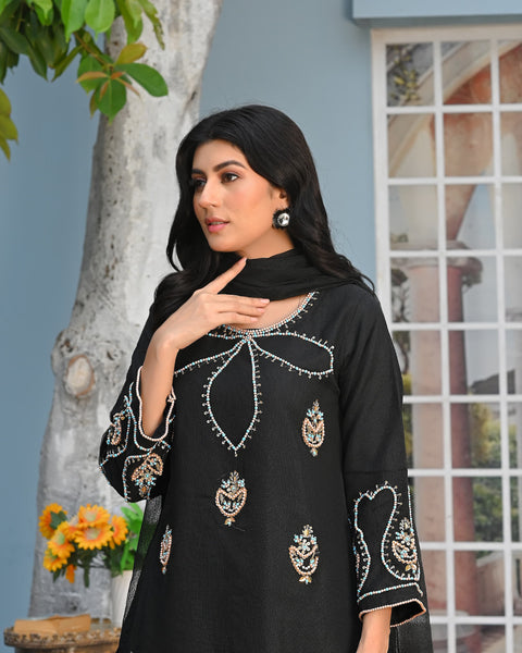 Rang-e-Falak Fancy 3PC Khaddi Net Handmade Black Colour