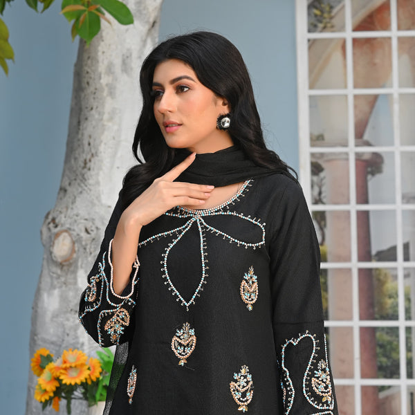 Rang-e-Falak Fancy 3PC Khaddi Net Handmade Black Colour