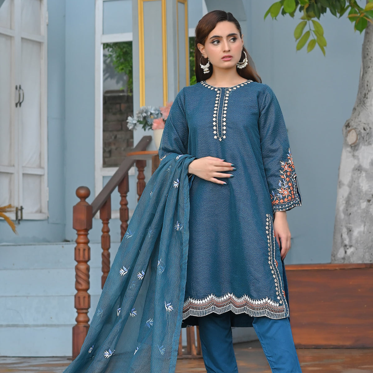 Noor-e-Rang Fancy 3PC Embroidered Khaddi Net Zink Colour