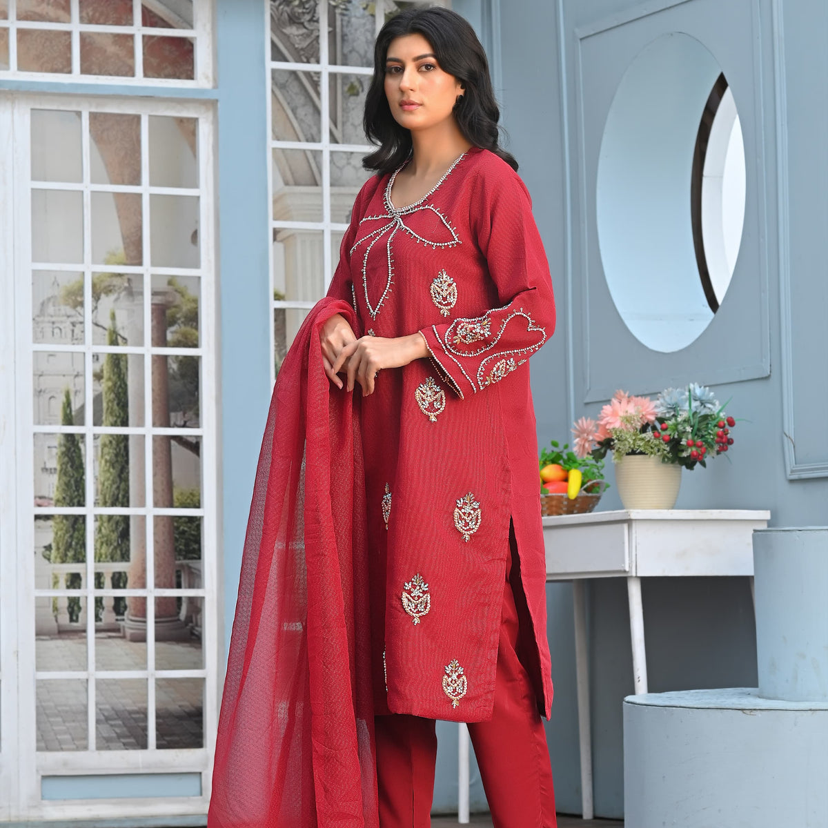 Rang-e-Falak Fancy 3PC Khaddi Net Handmade Mehroon Colour