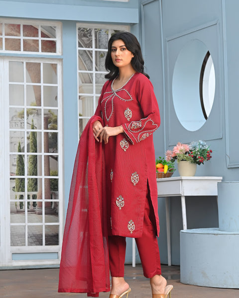 Rang-e-Falak Fancy 3PC Khaddi Net Handmade Mehroon Colour