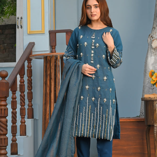 Rang-e-Hunar Fancy 3PC Handmade Embroidered Khaddi Net Zink Colored
