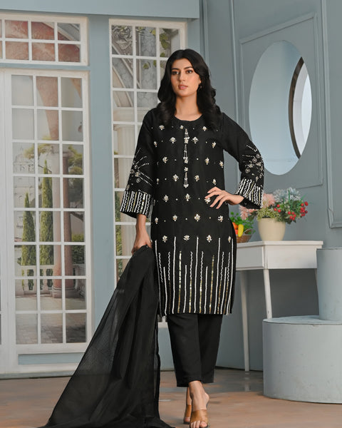 Rang-e-Hunar Fancy 3PC Handmade Embroidered Khaddi Net Black Colour