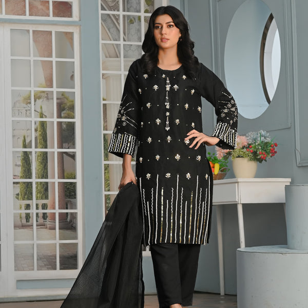 Rang-e-Hunar Fancy 3PC Handmade Embroidered Khaddi Net Black Colour