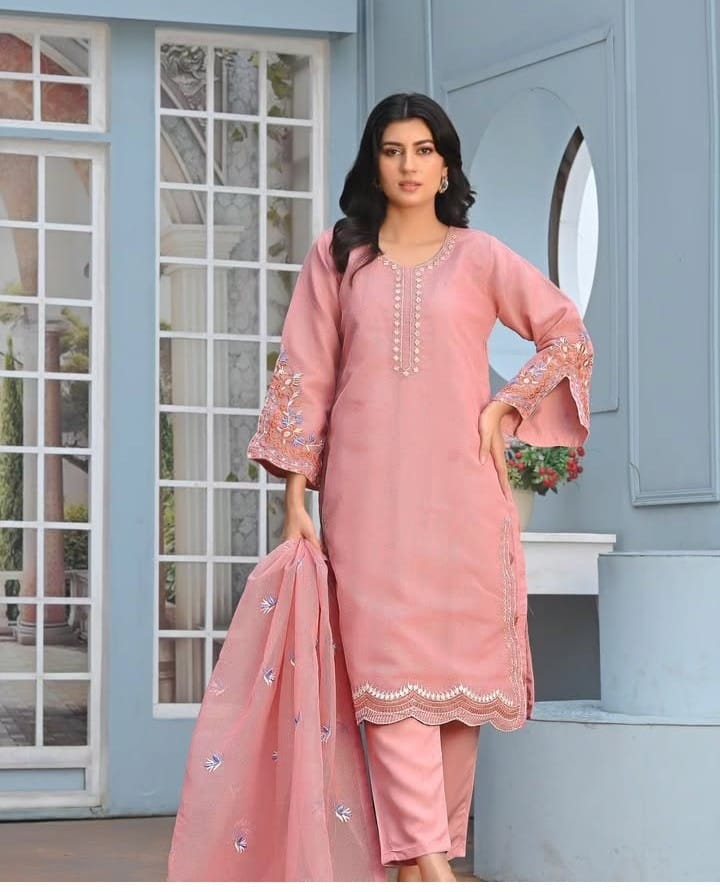 Noor-e-Rang Fancy 3PC Embroidered Khaddi Net Tea Pink Colour