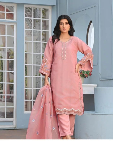 Noor-e-Rang Fancy 3PC Embroidered Khaddi Net Tea Pink Colour