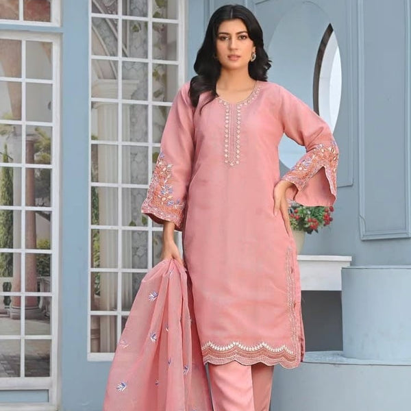 Noor-e-Rang Fancy 3PC Embroidered Khaddi Net Tea Pink Colour