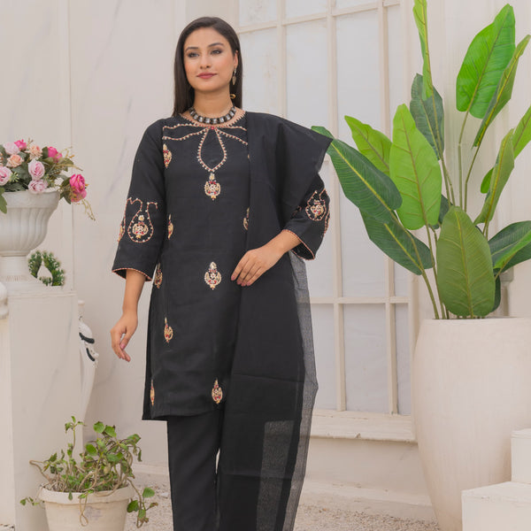 Rang-e-Falak Fancy 3PC Khaddi Net Handmade Black Colour