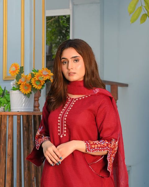 Noor-e-Rang Fancy 3PC Embroidered Khaddi Net Mehroon Colour