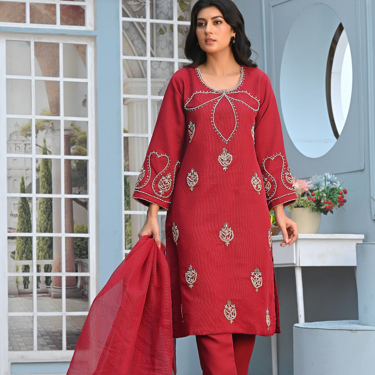 Rang-e-Falak Fancy 3PC Khaddi Net Handmade Mehroon Colour