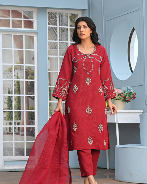 Rang-e-Falak Fancy 3PC Khaddi Net Handmade Mehroon Colour