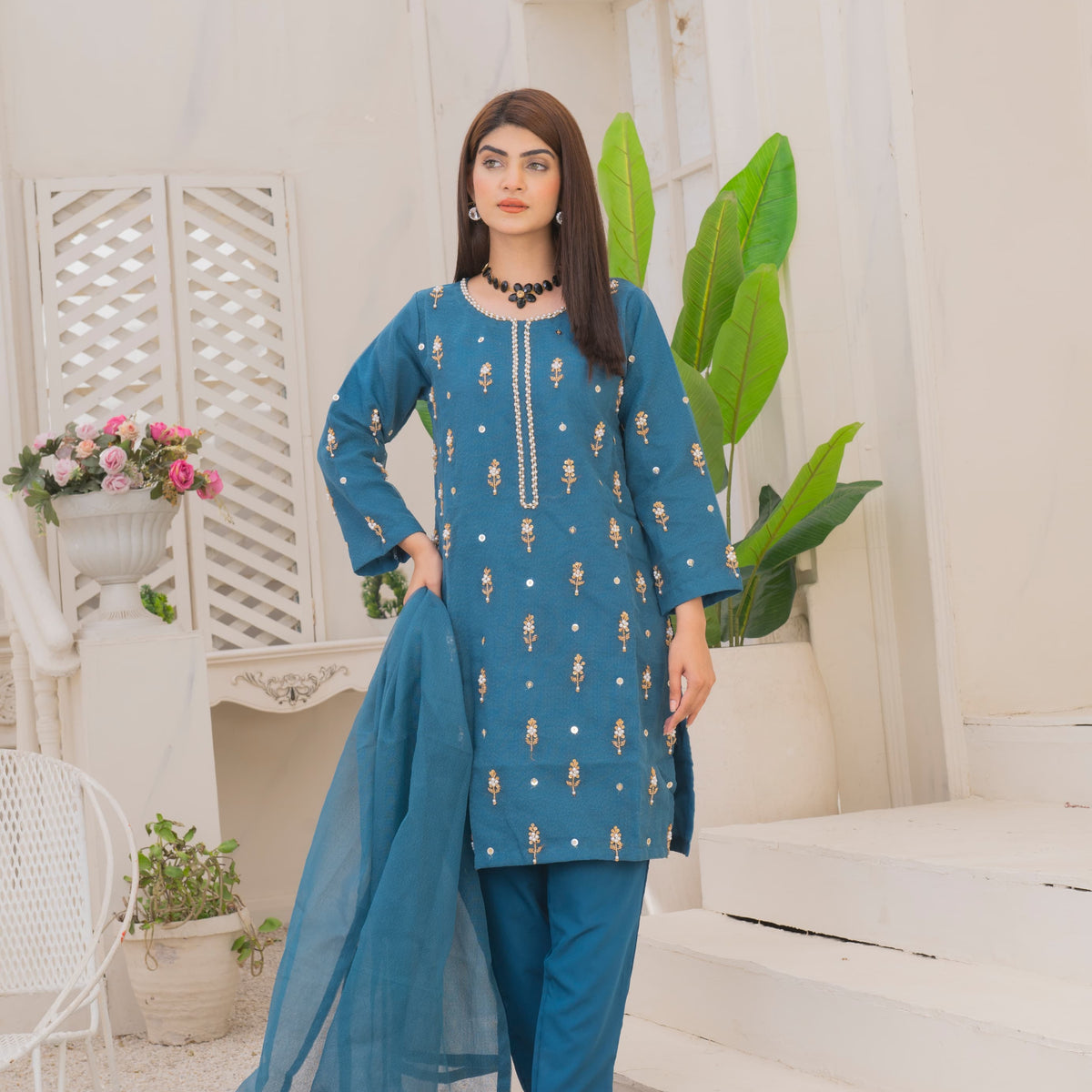 Naqsh-e-Rang Fancy 3PC Khaddi Net Handmade Zink Colour