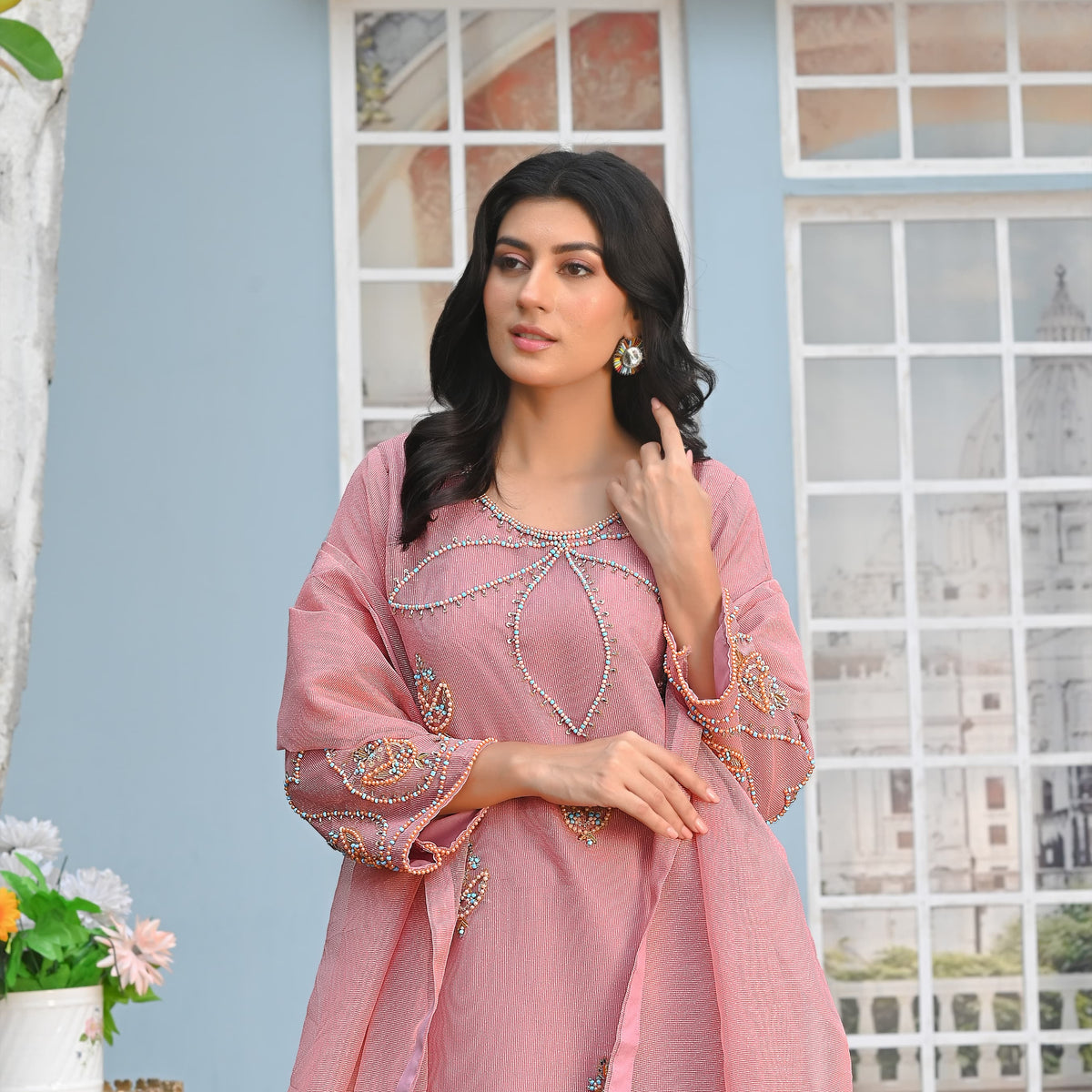 Rang-e-Falak Fancy 3PC Khaddi Net Handmade Tea Pink Colour