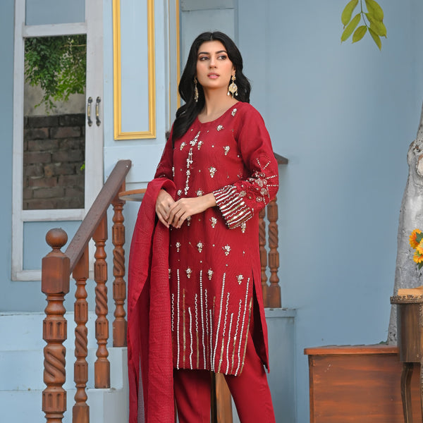Rang-e-Hunar Fancy 3PC Handmade Embroidered Khaddi Net Mahroon Colored