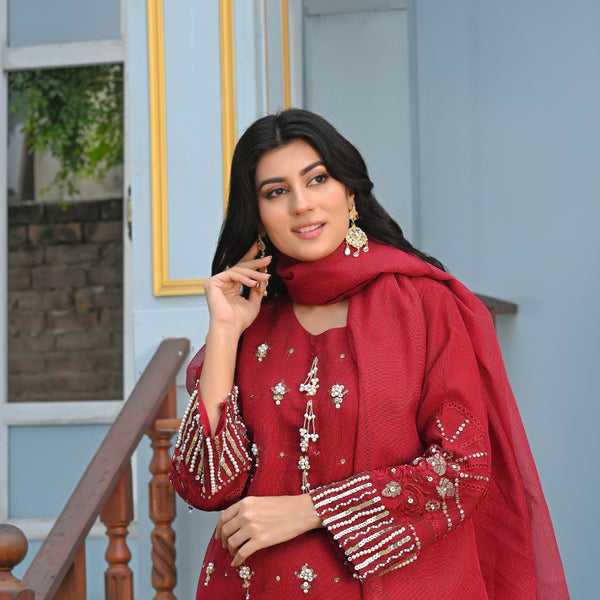 Rang-e-Hunar Fancy 3PC Handmade Embroidered Khaddi Net Mahroon Colored