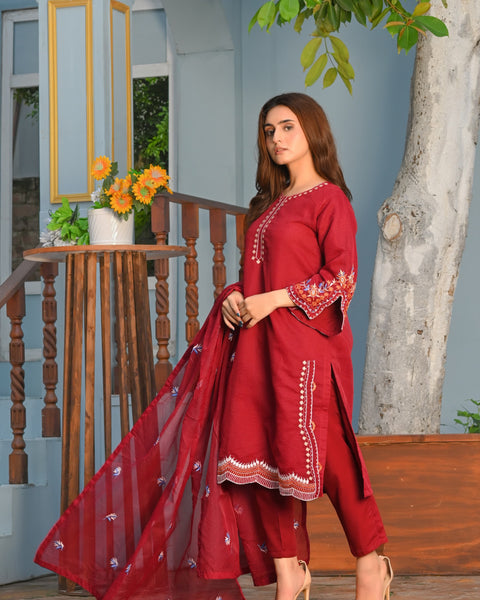 Noor-e-Rang Fancy 3PC Embroidered Khaddi Net Mehroon Colour