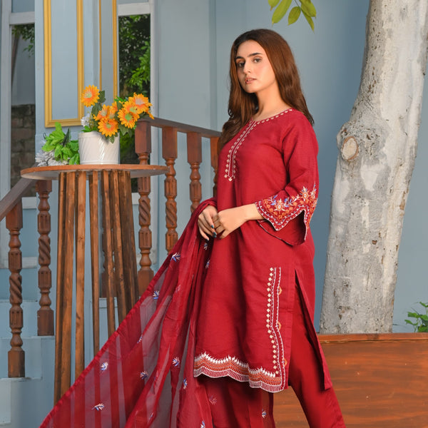 Noor-e-Rang Fancy 3PC Embroidered Khaddi Net Mehroon Colour