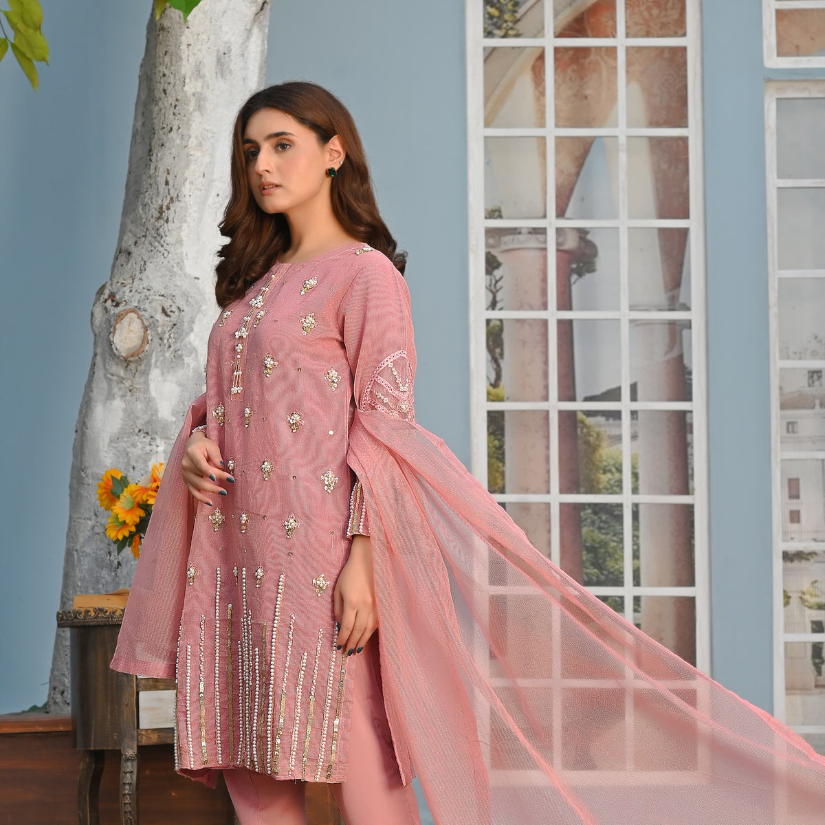 Rang-e-Hunar Fancy 3PC Handmade Embriodered Khaddi Net Tea Pink Colour