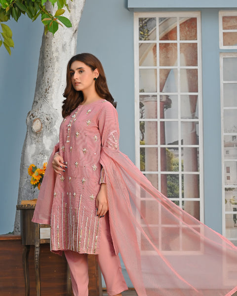 Rang-e-Hunar Fancy 3PC Handmade Embriodered Khaddi Net Tea Pink Colour