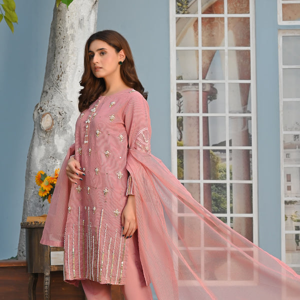 Rang-e-Hunar Fancy 3PC Handmade Embriodered Khaddi Net Tea Pink Colour
