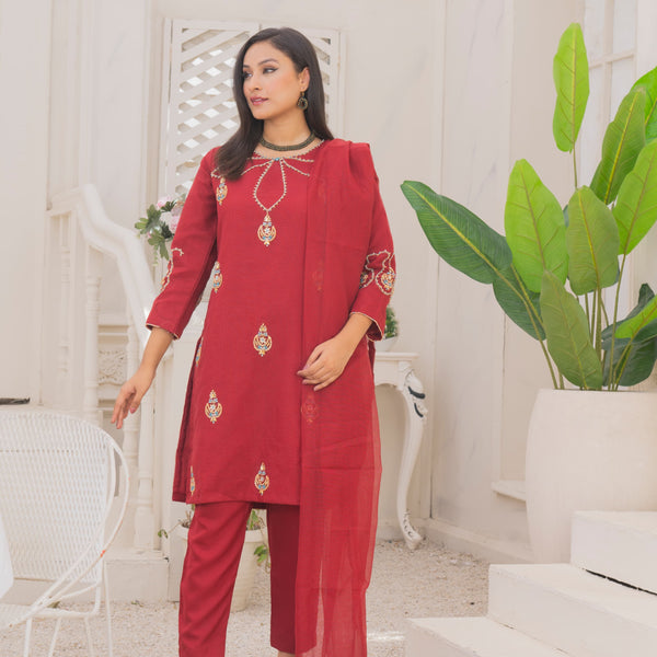 Rang-e-Falak Fancy 3PC Khaddi Net Handmade Mehroon Colour