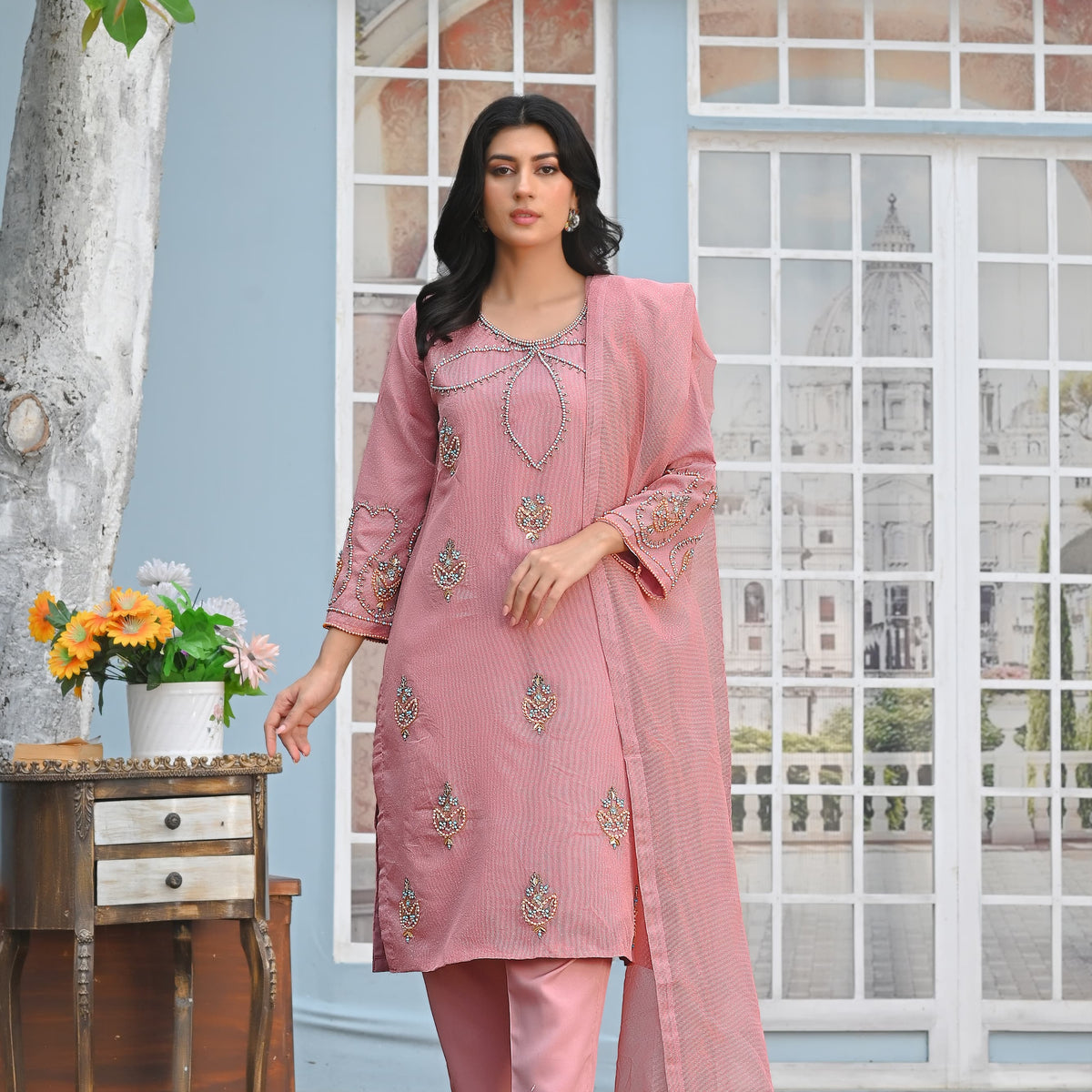 Rang-e-Falak Fancy 3PC Khaddi Net Handmade Tea Pink Colour
