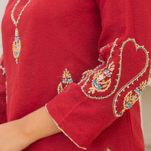 Rang-e-Falak Fancy 3PC Khaddi Net Handmade Mehroon Colour