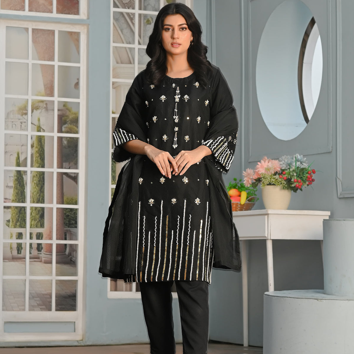 Rang-e-Hunar Fancy 3PC Handmade Embroidered Khaddi Net Black Colour