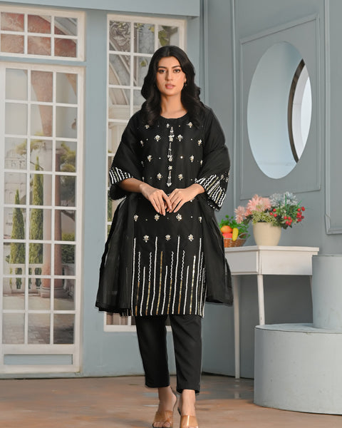 Rang-e-Hunar Fancy 3PC Handmade Embroidered Khaddi Net Black Colour