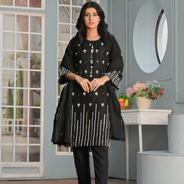 Rang-e-Hunar Fancy 3PC Handmade Embroidered Khaddi Net Black Colour
