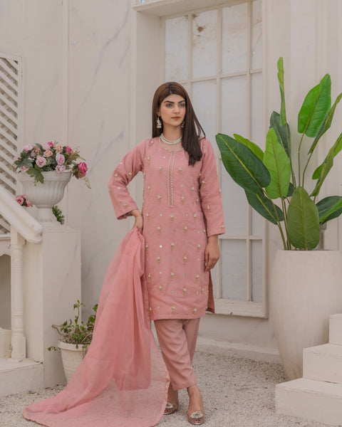 Naqsh-e-Rang Fancy 3PC Khaddi Net Handmade Tea Pink Colour