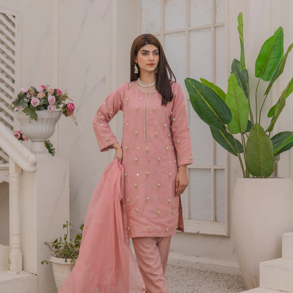 Naqsh-e-Rang Fancy 3PC Khaddi Net Handmade Tea Pink Colour