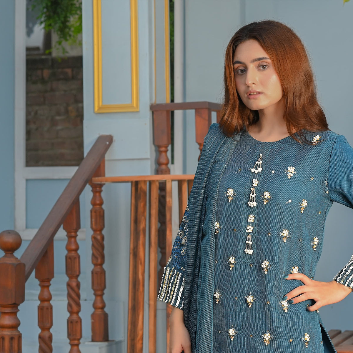 Rang-e-Hunar Fancy 3PC Handmade Embroidered Khaddi Net Zink Colored