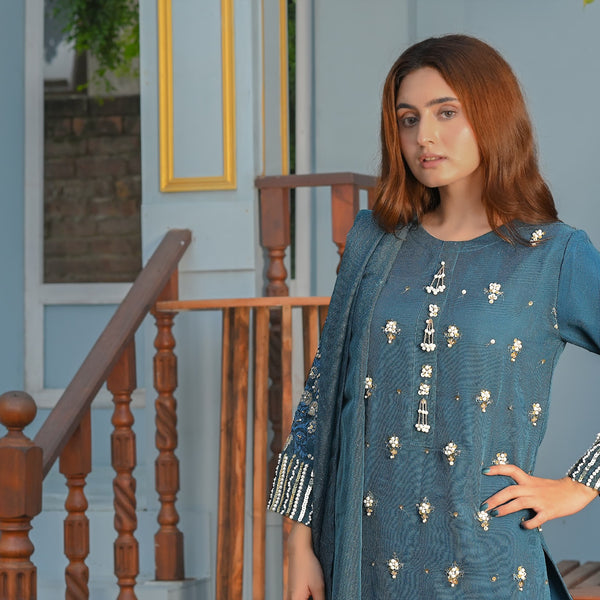 Rang-e-Hunar Fancy 3PC Handmade Embroidered Khaddi Net Zink Colored