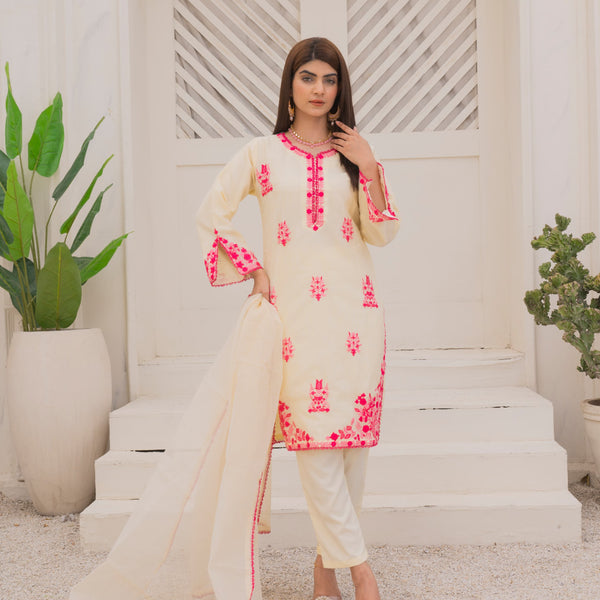 Rang-e-Multi Fancy 3PC Khaddi Net Embroidered Multi Pink Colour