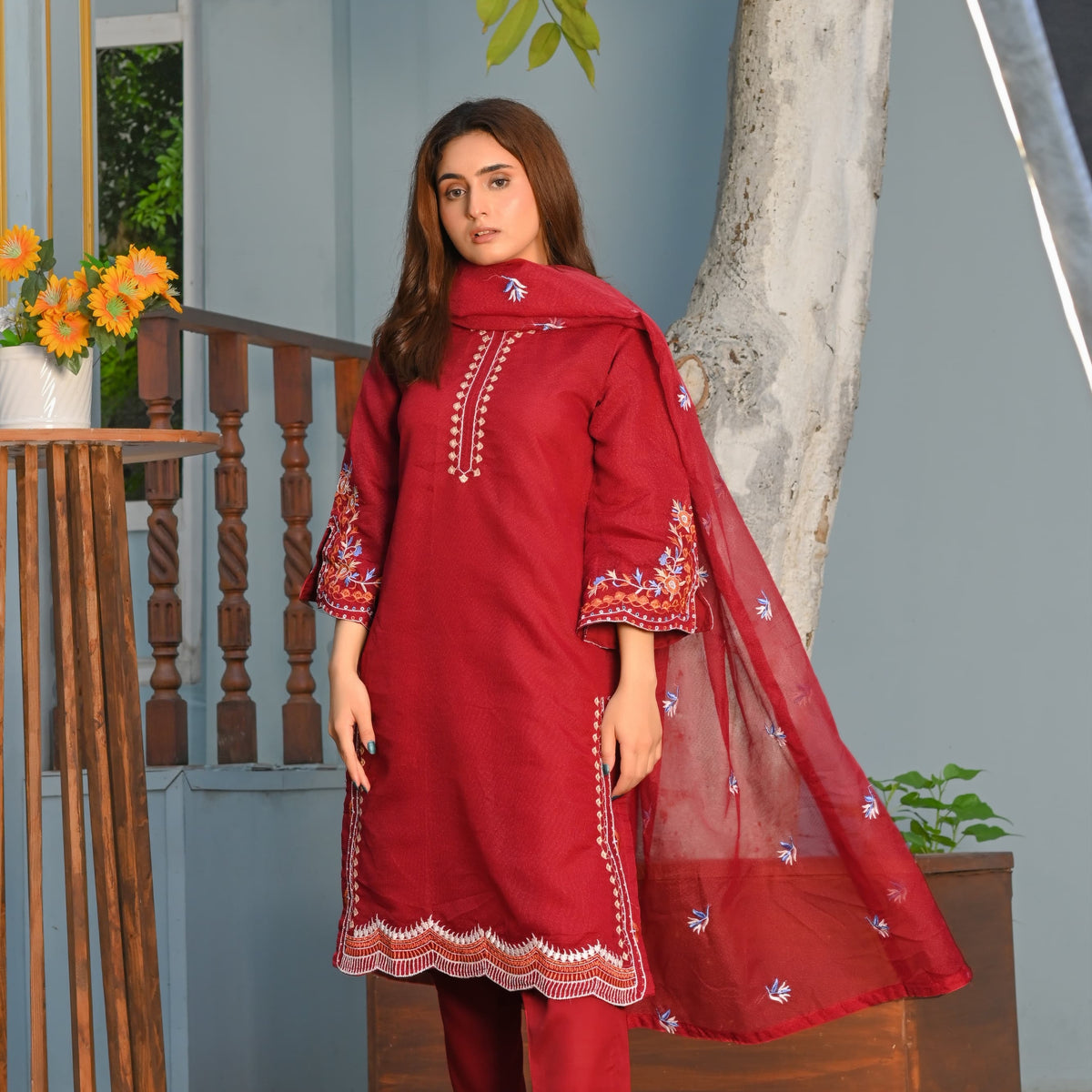 Noor-e-Rang Fancy 3PC Embroidered Khaddi Net Mehroon Colour