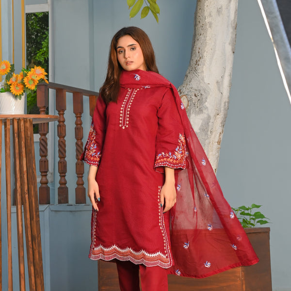 Noor-e-Rang Fancy 3PC Embroidered Khaddi Net Mehroon Colour