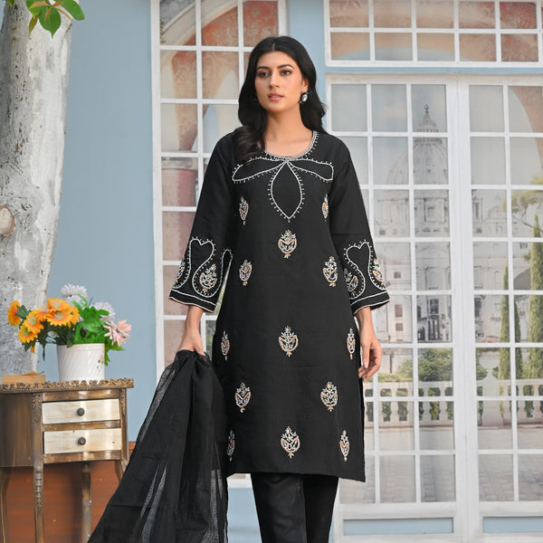 Rang-e-Falak Fancy 3PC Khaddi Net Handmade Black Colour