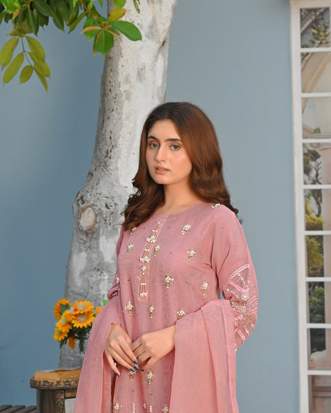 Rang-e-Hunar Fancy 3PC Handmade Embriodered Khaddi Net Tea Pink Colour