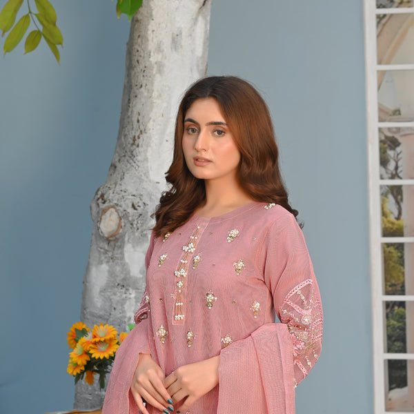 Rang-e-Hunar Fancy 3PC Handmade Embriodered Khaddi Net Tea Pink Colour