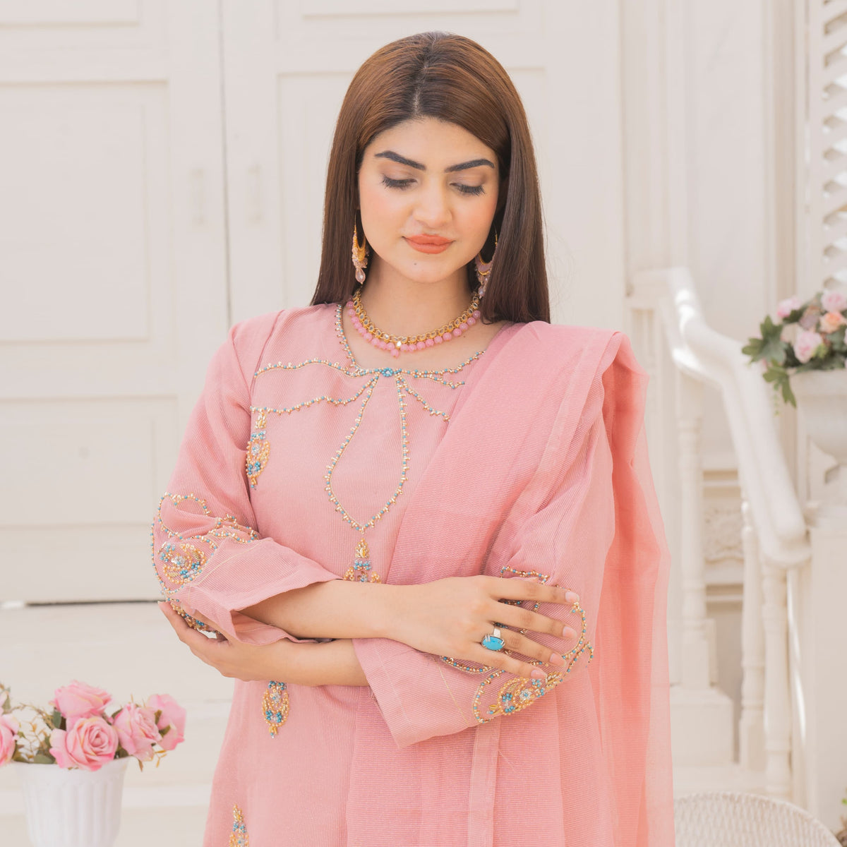 Rang-e-Falak Fancy 3PC Khaddi Net Handmade Tea Pink Colour