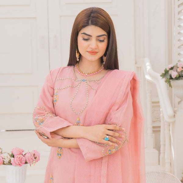 Rang-e-Falak Fancy 3PC Khaddi Net Handmade Tea Pink Colour