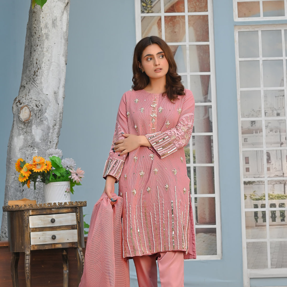 Rang-e-Hunar Fancy 3PC Handmade Embriodered Khaddi Net Tea Pink Colour