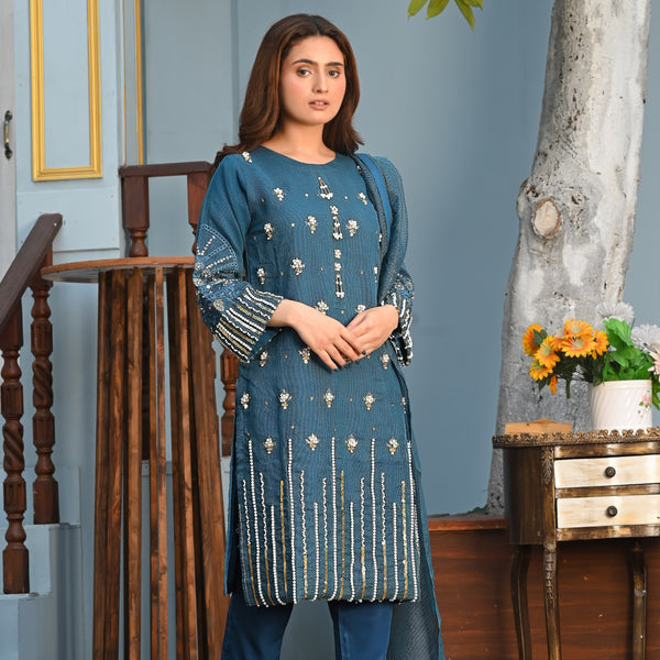 Rang-e-Hunar Fancy 3PC Handmade Embroidered Khaddi Net Zink Colored