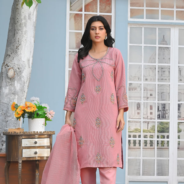 Rang-e-Falak Fancy 3PC Khaddi Net Handmade Tea Pink Colour