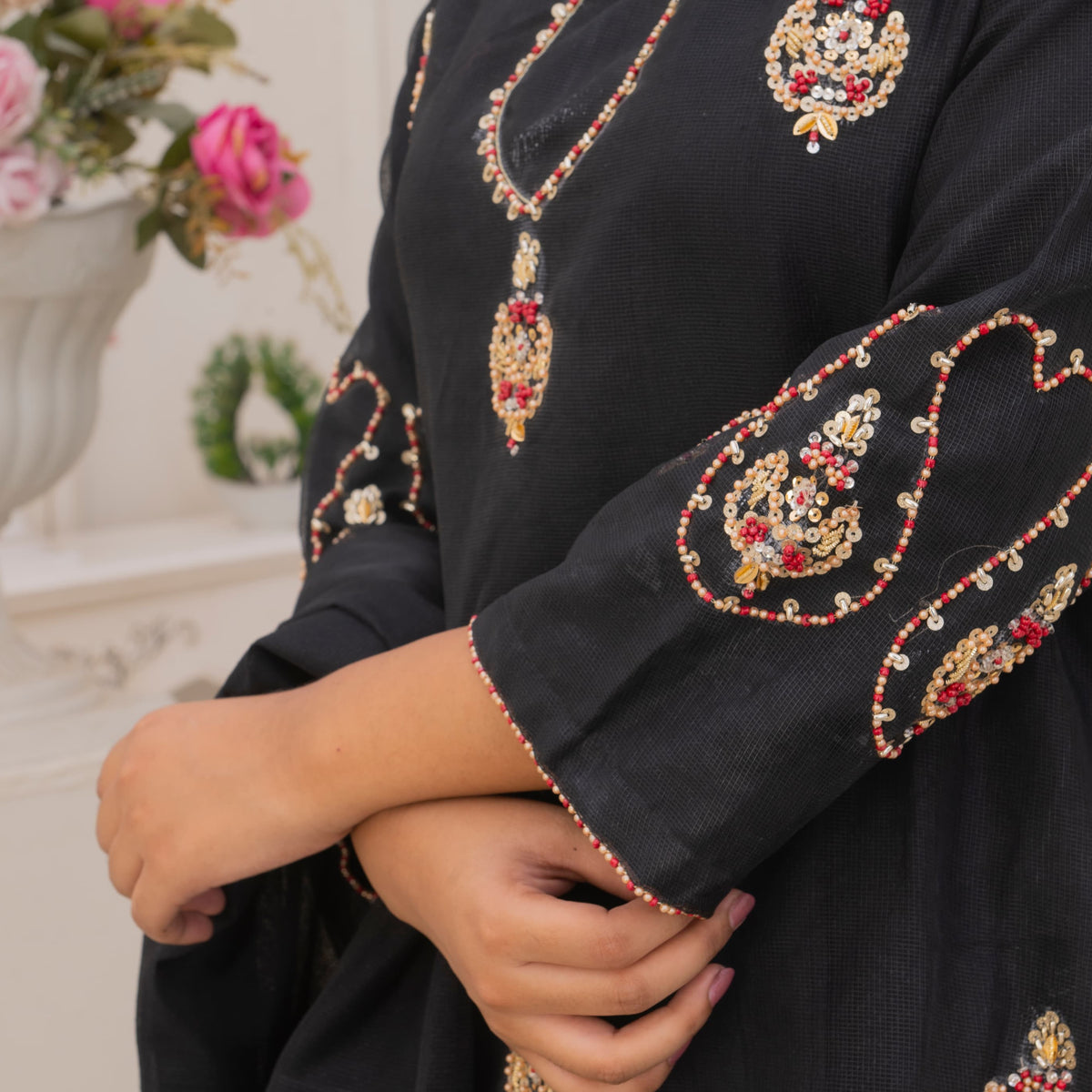 Rang-e-Falak Fancy 3PC Khaddi Net Handmade Black Colour