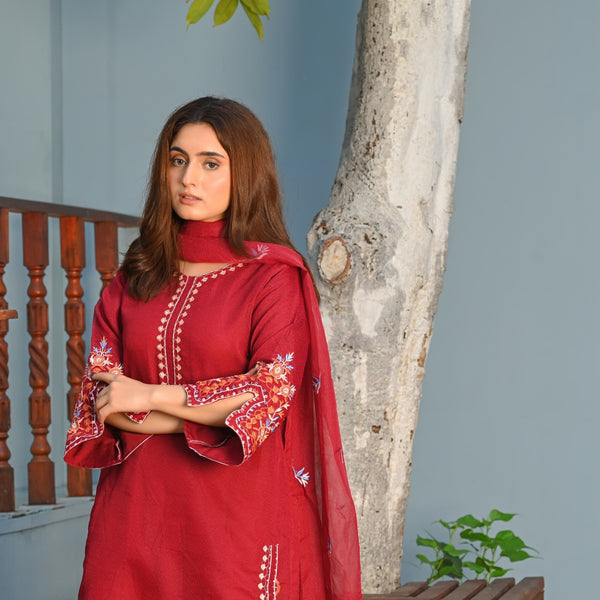 Noor-e-Rang Fancy 3PC Embroidered Khaddi Net Mehroon Colour